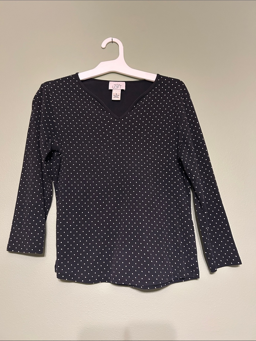 LOFT Black Quarter Sleeve V-Neck Top with White Polka Dots